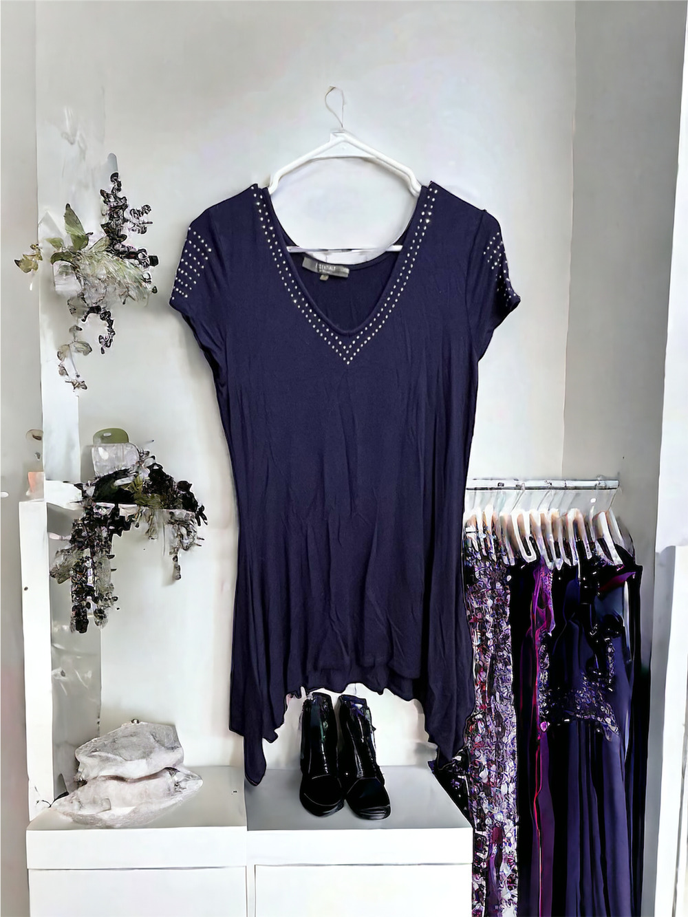 Essentials by Milano Rhinestone Studded Sleeve Blue Blouse Size Medium
